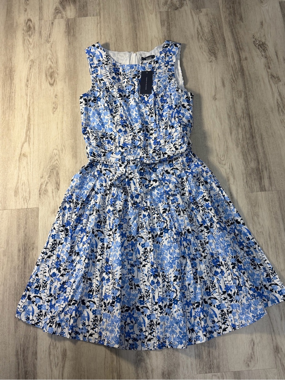 Tommy Hilfiger Blue and White Floral Midi Dress with Tie Waist